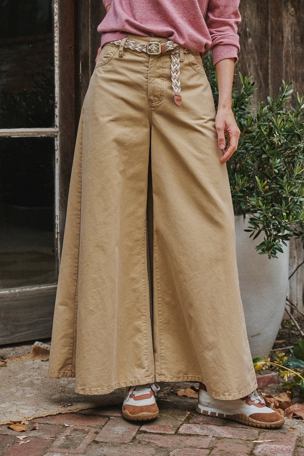 Washed Cotton Wide Leg Palazzo Pants with Belt in Khaki - Women's Casual Pants | Urban Daizy