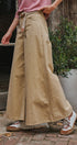 Washed Cotton Wide Leg Palazzo Pants with Belt in Khaki - Women's Casual Pants | Urban Daizy
