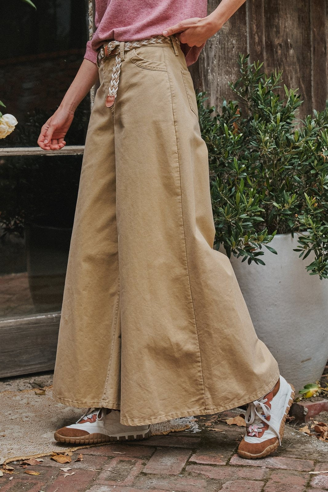 Washed Cotton Wide Leg Palazzo Pants with Belt in Khaki - Women's Casual Pants | Urban Daizy
