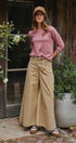 Washed Cotton Wide Leg Palazzo Pants with Belt in Khaki - Women's Casual Pants | Urban Daizy