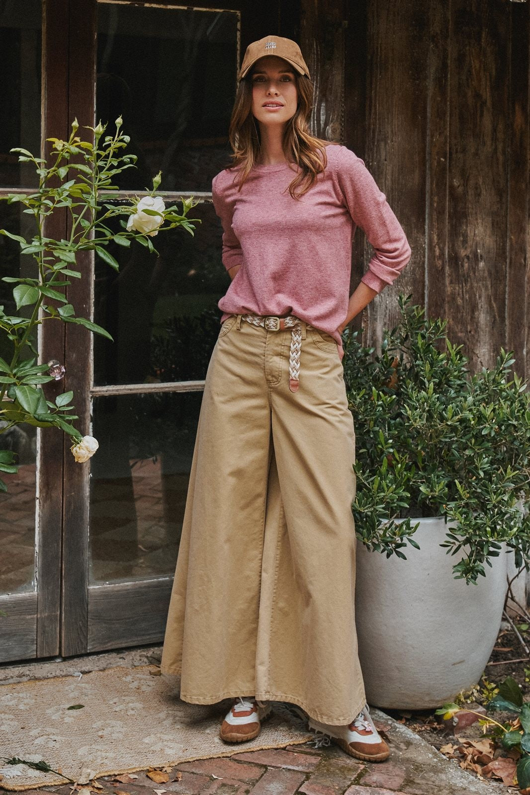 Washed Cotton Wide Leg Palazzo Pants with Belt in Khaki - Women's Casual Pants | Urban Daizy