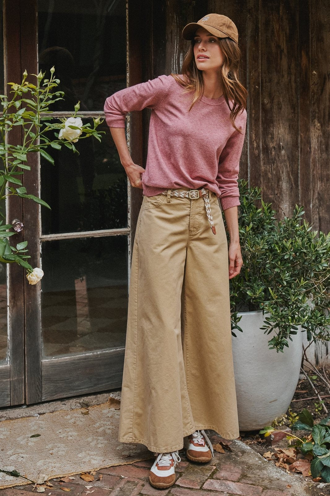 Washed Cotton Wide Leg Palazzo Pants with Belt in Khaki - Women's Casual Pants | Urban Daizy