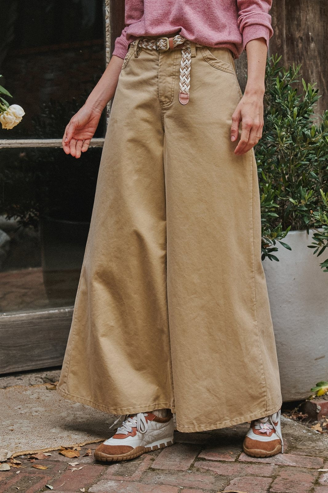Washed Cotton Wide Leg Palazzo Pants with Belt in Khaki - Women's Casual Pants | Urban Daizy