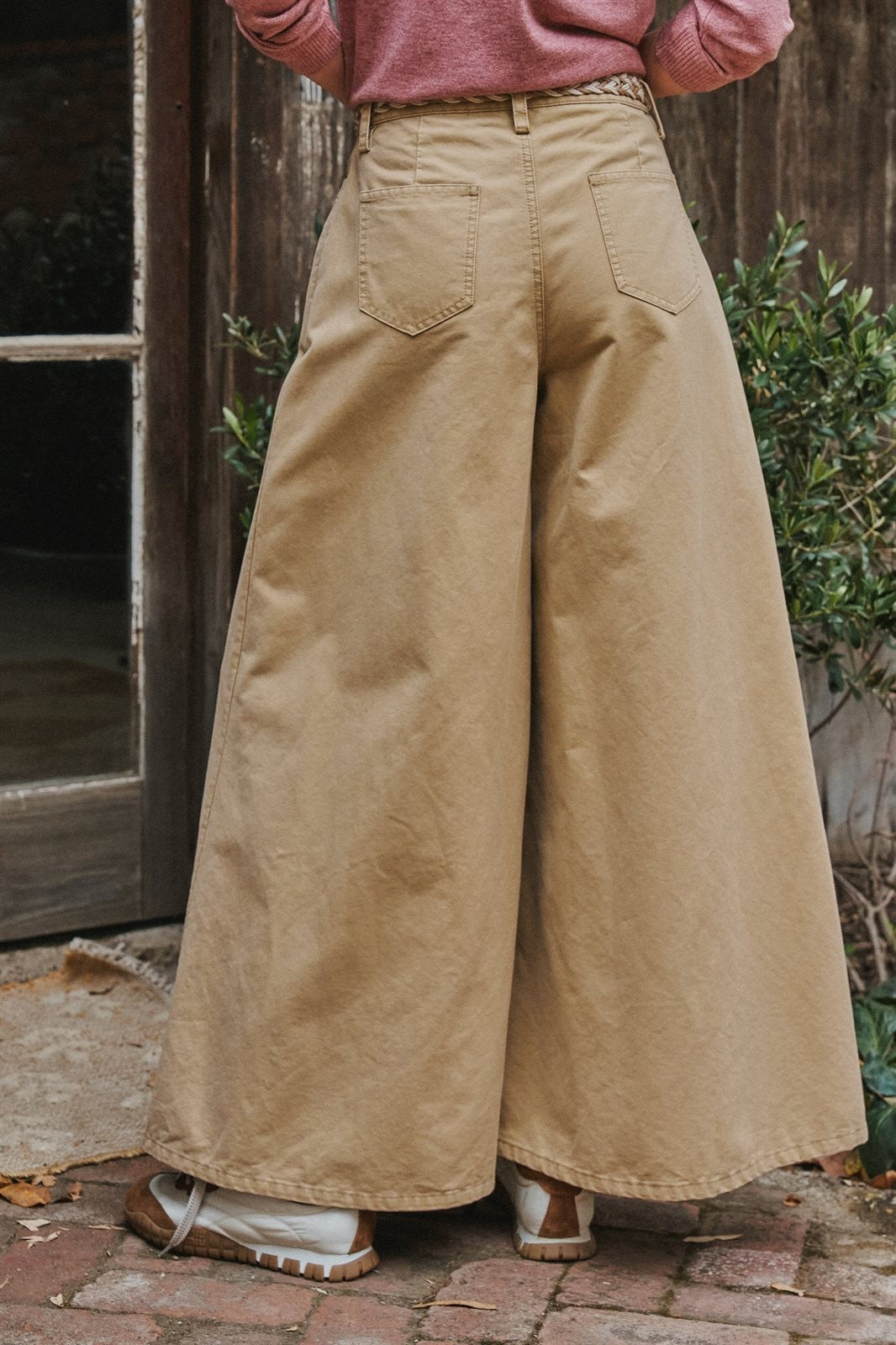 Washed Cotton Wide Leg Palazzo Pants with Belt in Khaki - Women's Casual Pants | Urban Daizy