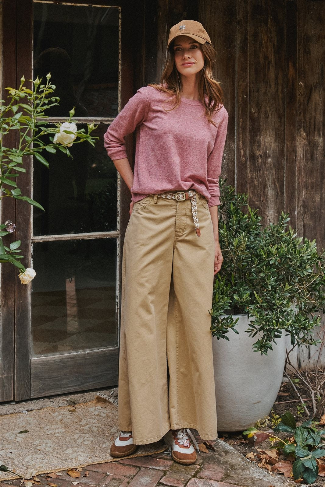 Washed Cotton Wide Leg Palazzo Pants with Belt in Khaki - Women's Casual Pants | Urban Daizy