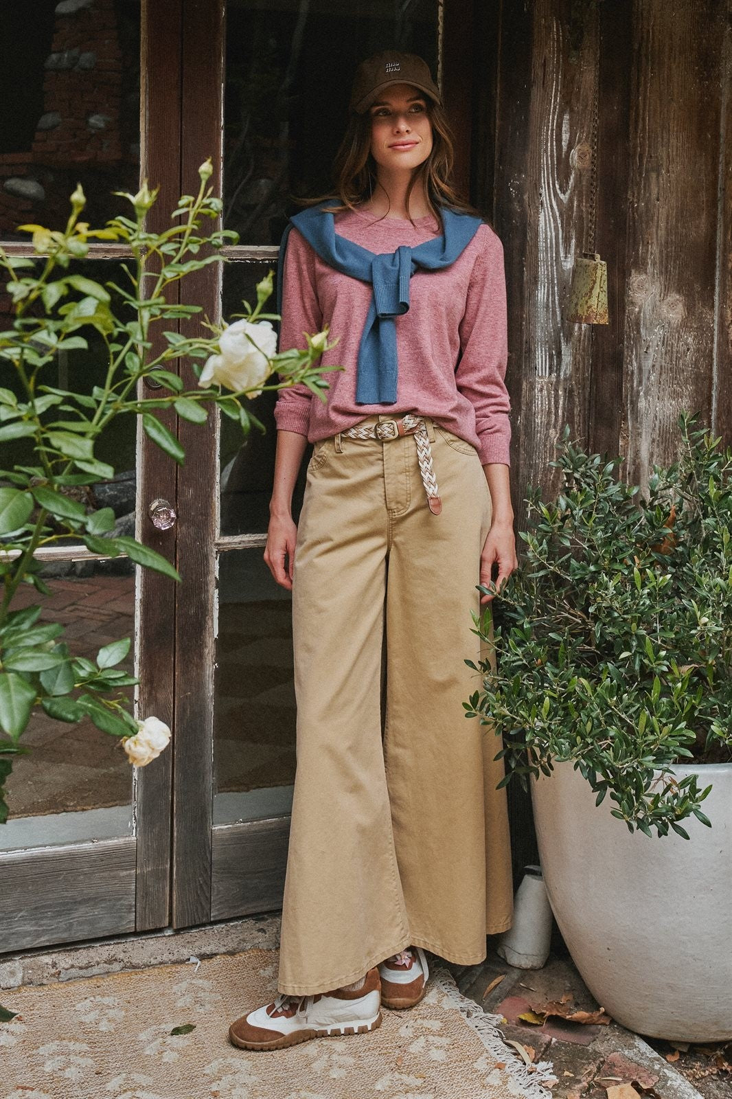 Washed Cotton Wide Leg Palazzo Pants with Belt in Khaki - Women's Casual Pants | Urban Daizy