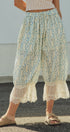Floral Print Lace Hem Cotton Bloomer Pants in Ivory Blue - Women's Pants | Urban Daizy