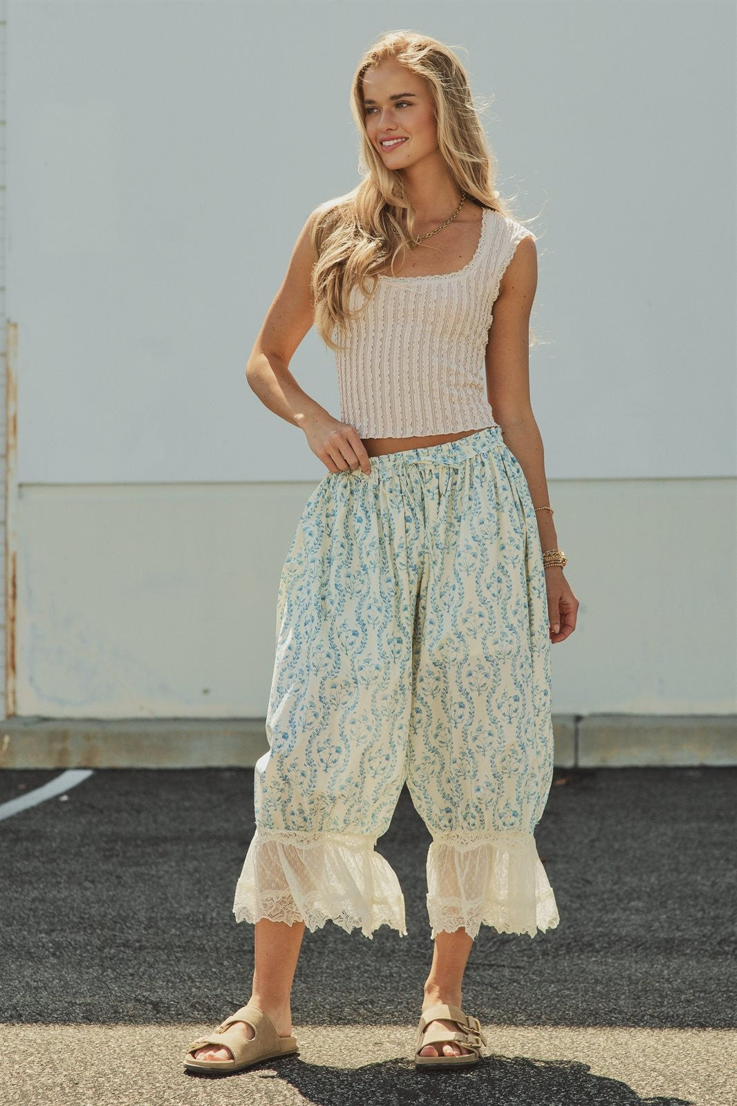 Floral Print Lace Hem Cotton Bloomer Pants in Ivory Blue - Women's Pants | Urban Daizy