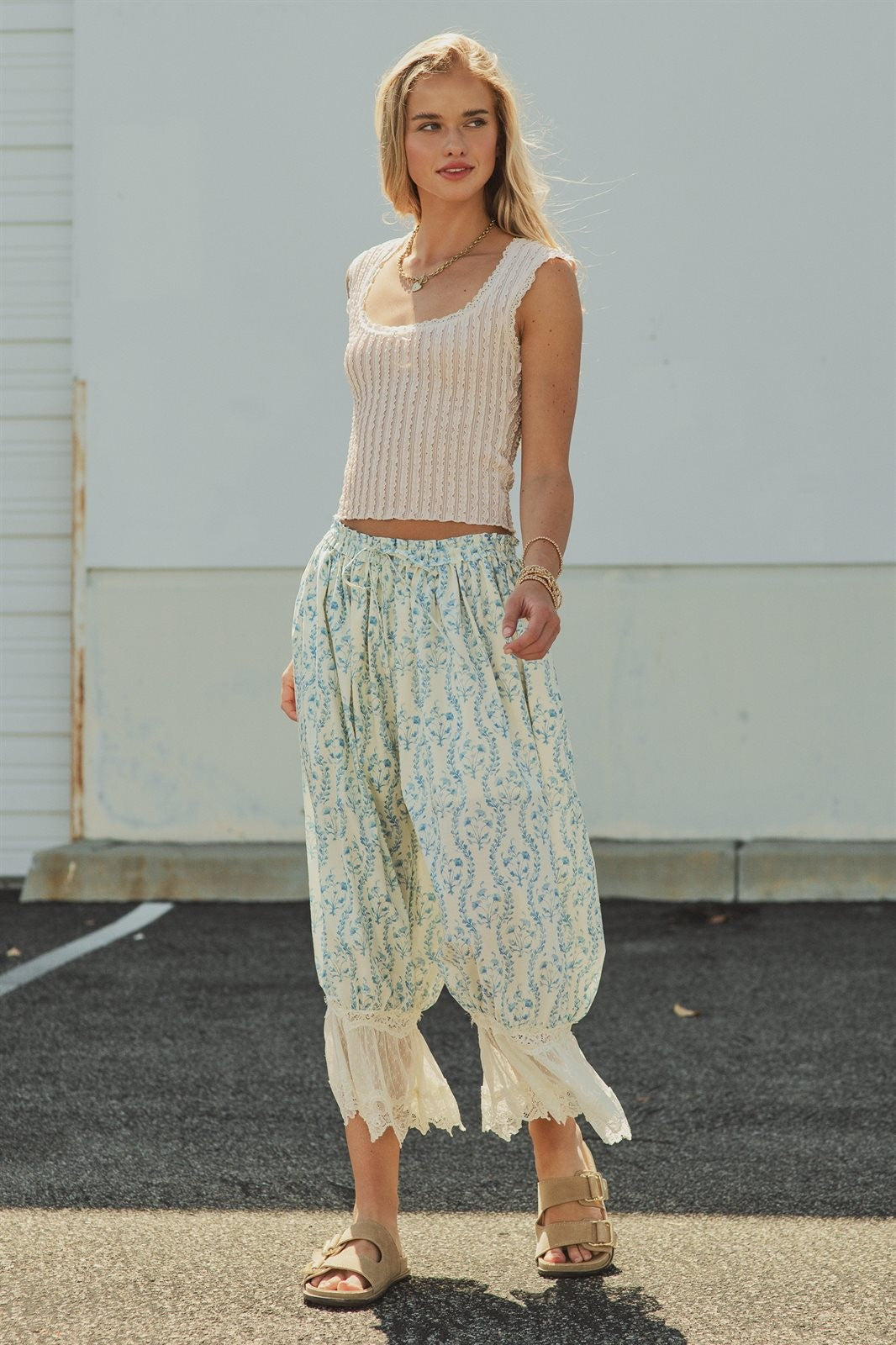 Floral Print Lace Hem Cotton Bloomer Pants in Ivory Blue - Women's Pants | Urban Daizy