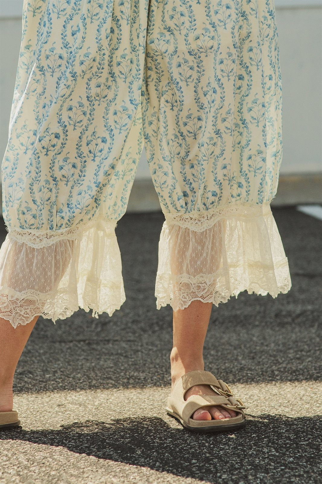 Floral Print Lace Hem Cotton Bloomer Pants in Ivory Blue - Women's Pants | Urban Daizy