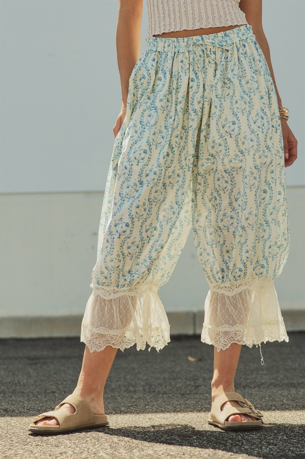 Floral Print Lace Hem Cotton Bloomer Pants in Ivory Blue - Women's Pants | Urban Daizy