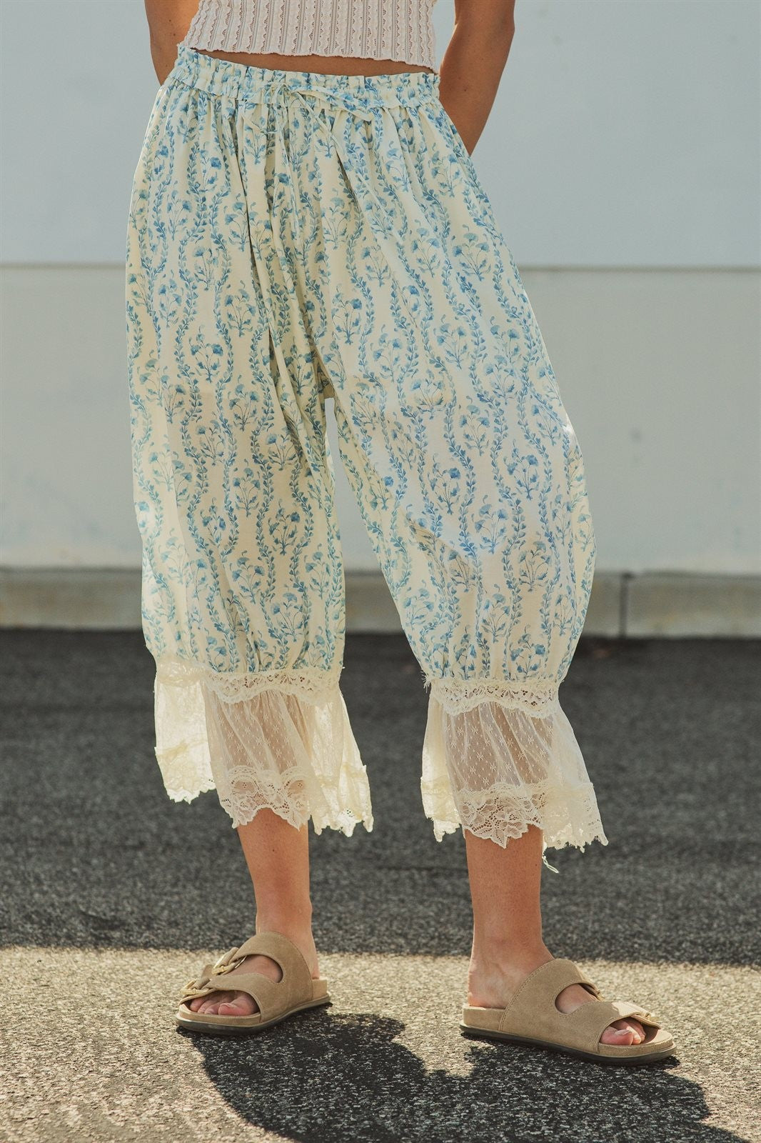 Floral Print Lace Hem Cotton Bloomer Pants in Ivory Blue - Women's Pants | Urban Daizy