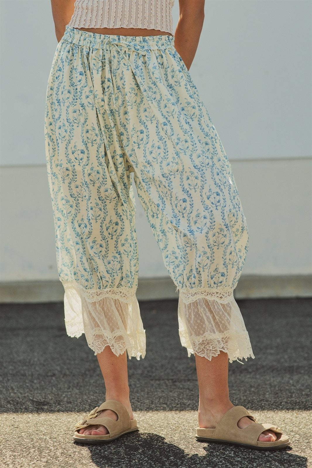 Floral Print Lace Hem Cotton Bloomer Pants in Ivory Blue - Women's Pants | Urban Daizy