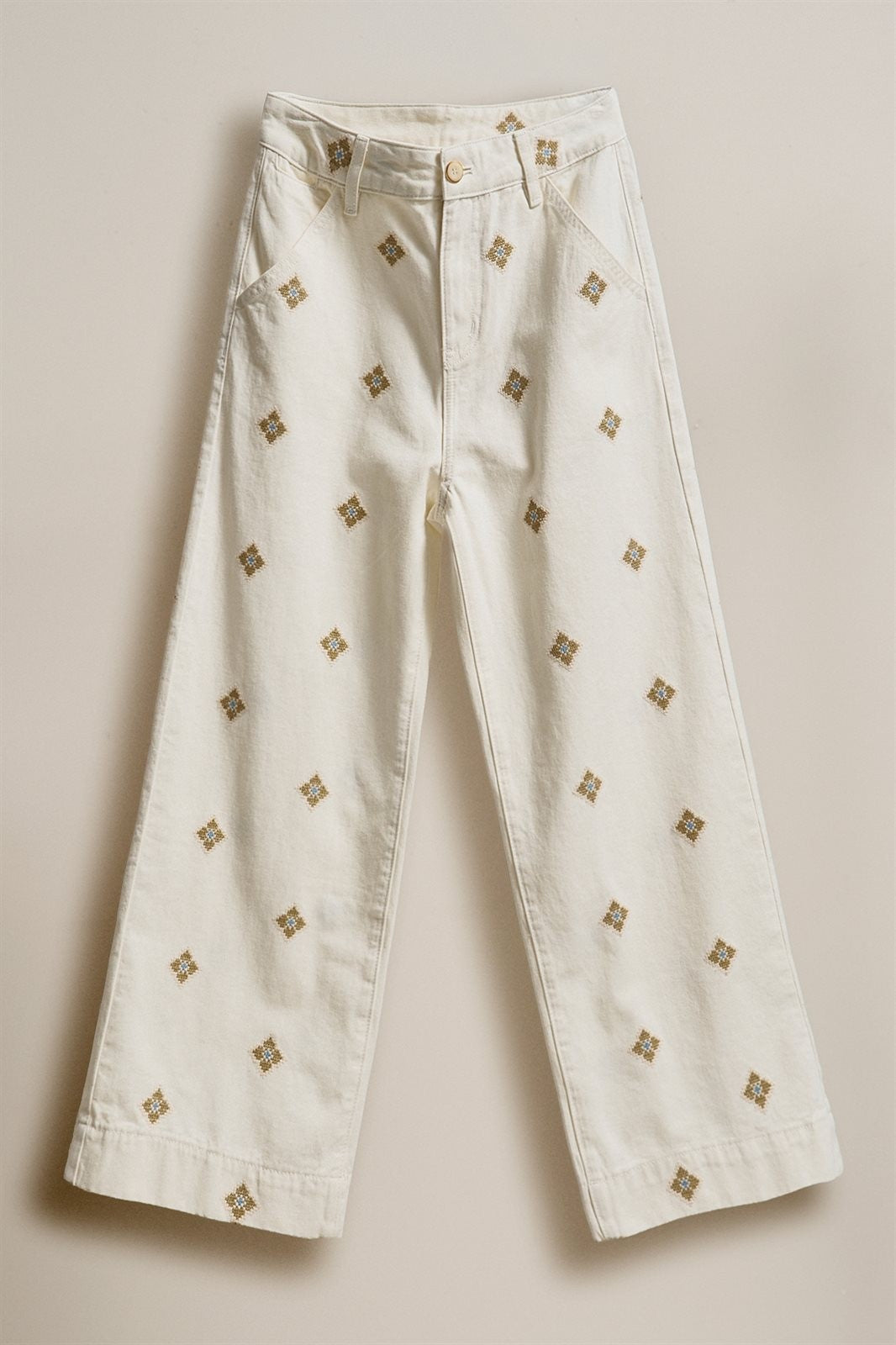 Cross Stitch Embroidered Wide Leg Cotton Pants in Ivory - Women's Pants | Urban Daizy