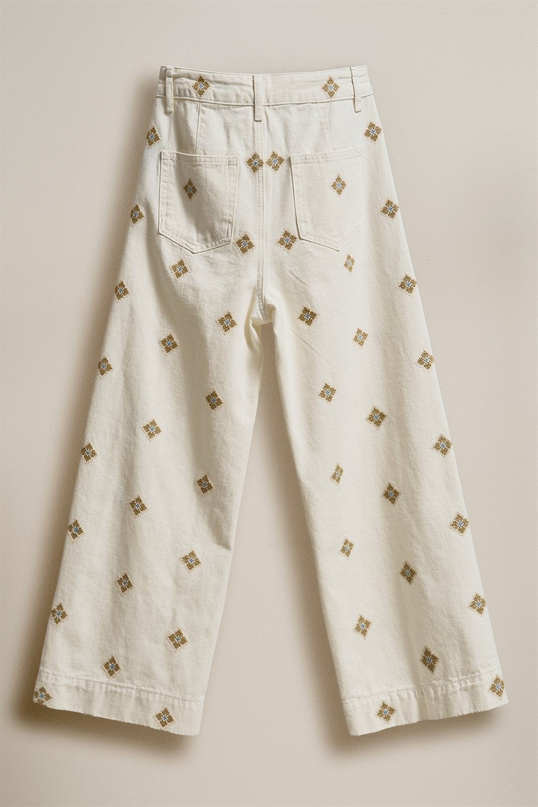 Cross Stitch Embroidered Wide Leg Cotton Pants in Ivory - Women's Pants | Urban Daizy