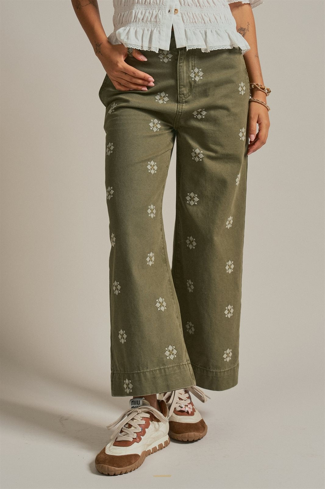 Cross Stitch Embroidered Wide Leg Cotton Pants in Olive - Women's Pants | Urban Daizy