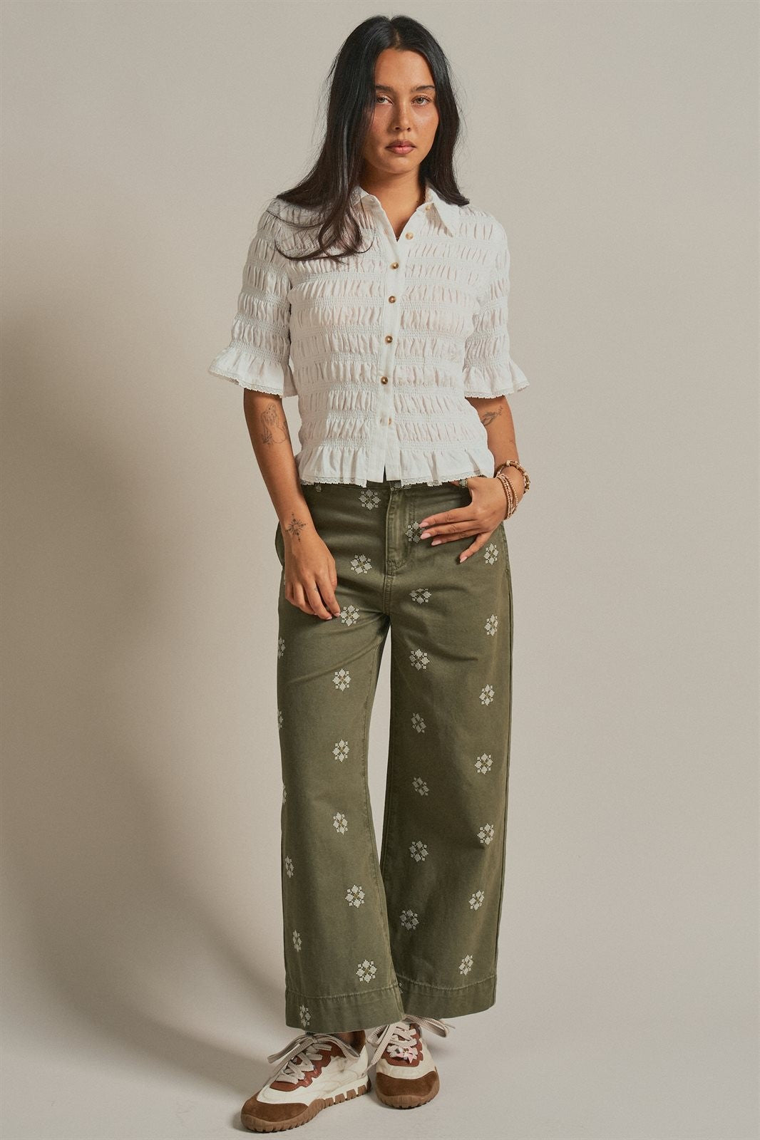 Cross Stitch Embroidered Wide Leg Cotton Pants in Olive - Women's Pants | Urban Daizy