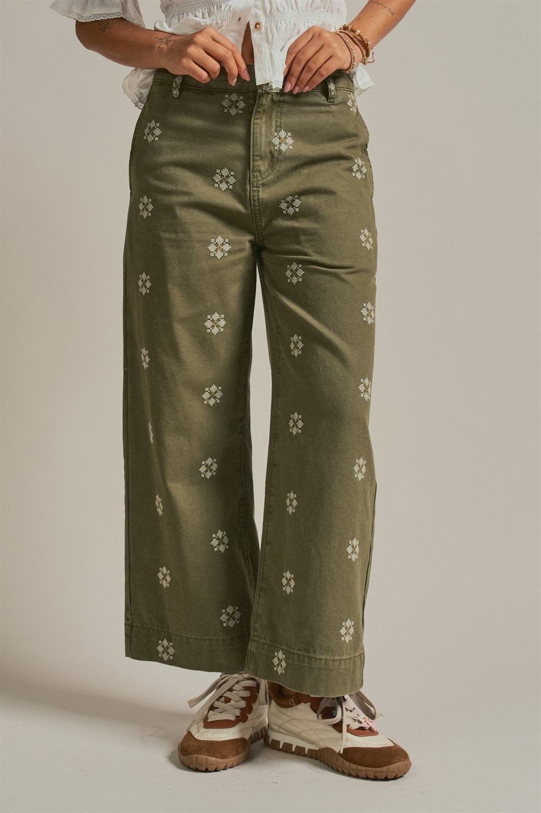Cross Stitch Embroidered Wide Leg Cotton Pants in Olive - Women's Pants | Urban Daizy