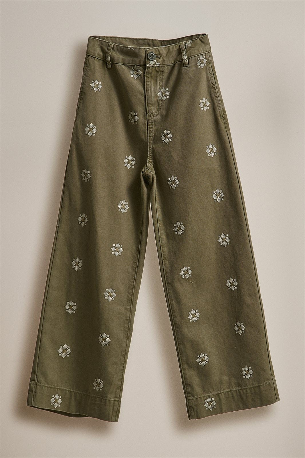 Cross Stitch Embroidered Wide Leg Cotton Pants in Olive - Women's Pants | Urban Daizy