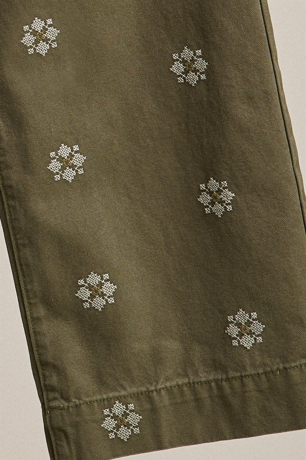 Cross Stitch Embroidered Wide Leg Cotton Pants in Olive - Women's Pants | Urban Daizy