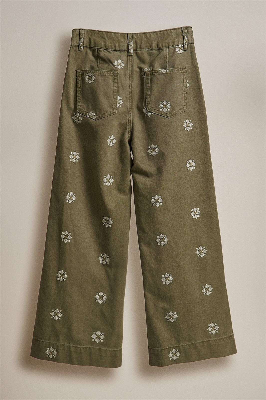 Cross Stitch Embroidered Wide Leg Cotton Pants in Olive - Women's Pants | Urban Daizy