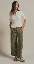 Cross Stitch Embroidered Wide Leg Cotton Pants in Olive - Women's Pants | Urban Daizy