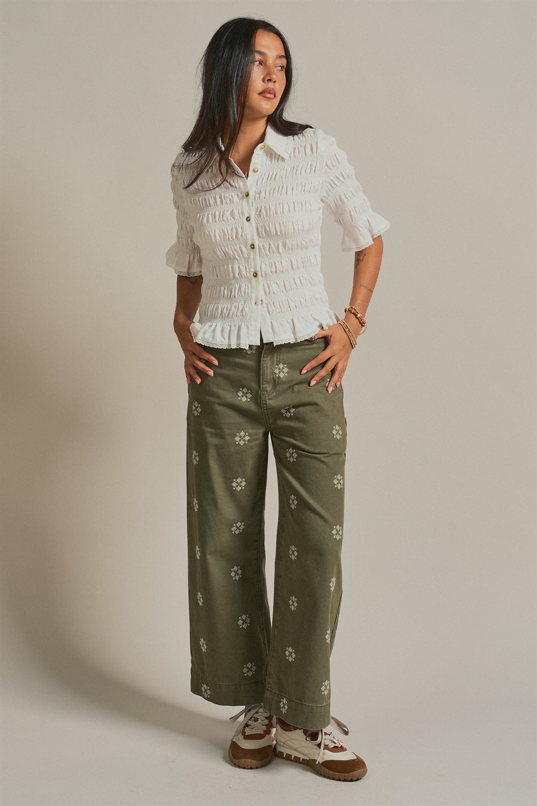 Cross Stitch Embroidered Wide Leg Cotton Pants in Olive - Women's Pants | Urban Daizy