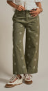 Cross Stitch Embroidered Wide Leg Cotton Pants in Olive - Women's Pants | Urban Daizy
