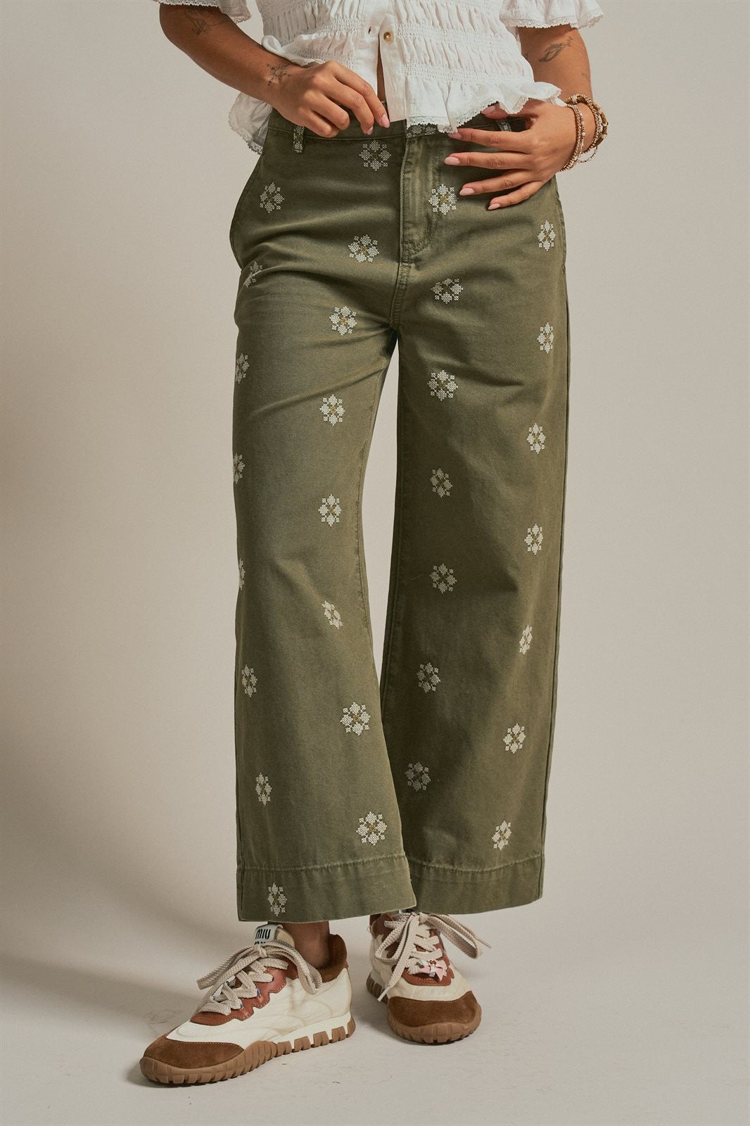 Cross Stitch Embroidered Wide Leg Cotton Pants in Olive - Women's Pants | Urban Daizy