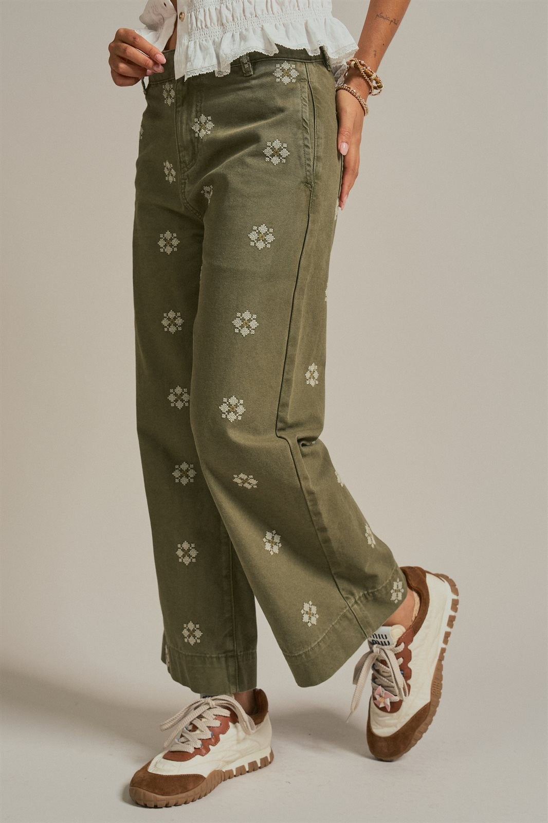 Cross Stitch Embroidered Wide Leg Cotton Pants in Olive - Women's Pants | Urban Daizy