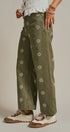 Cross Stitch Embroidered Wide Leg Cotton Pants in Olive - Women's Pants | Urban Daizy