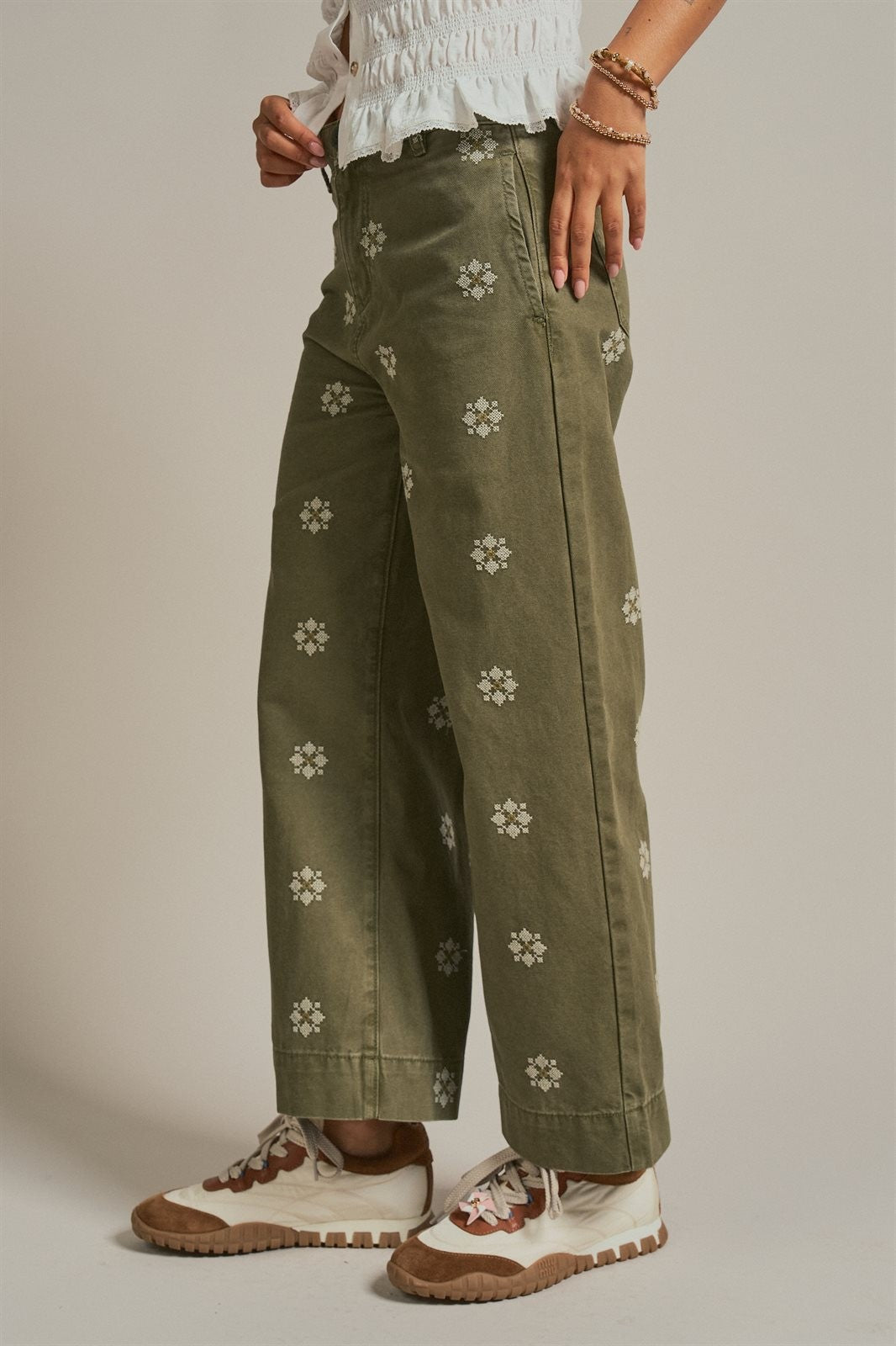 Cross Stitch Embroidered Wide Leg Cotton Pants in Olive - Women's Pants | Urban Daizy