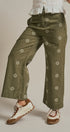 Cross Stitch Embroidered Wide Leg Cotton Pants in Olive - Women's Pants | Urban Daizy