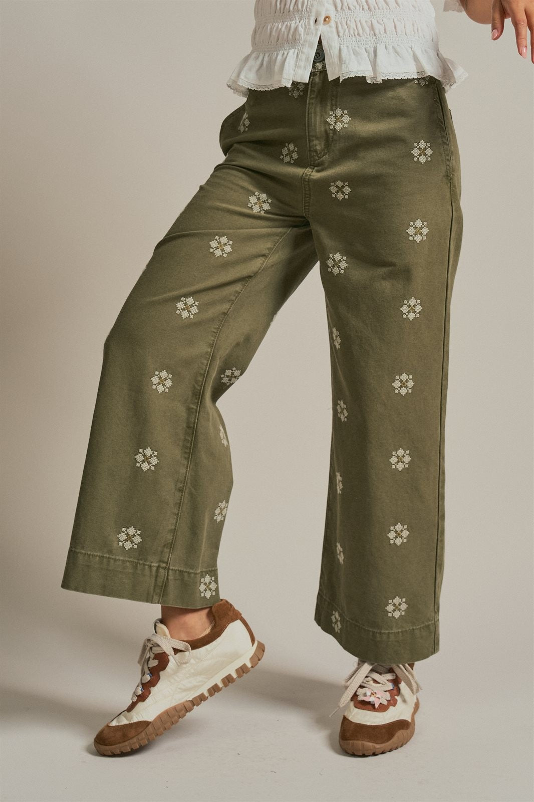 Cross Stitch Embroidered Wide Leg Cotton Pants in Olive - Women's Pants | Urban Daizy