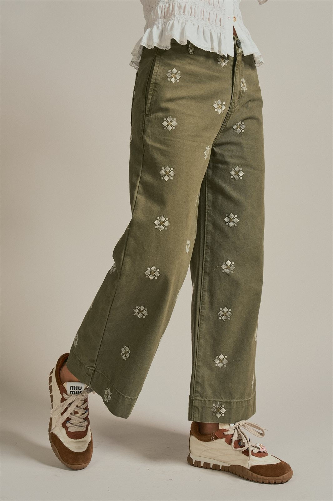 Cross Stitch Embroidered Wide Leg Cotton Pants in Olive - Women's Pants | Urban Daizy
