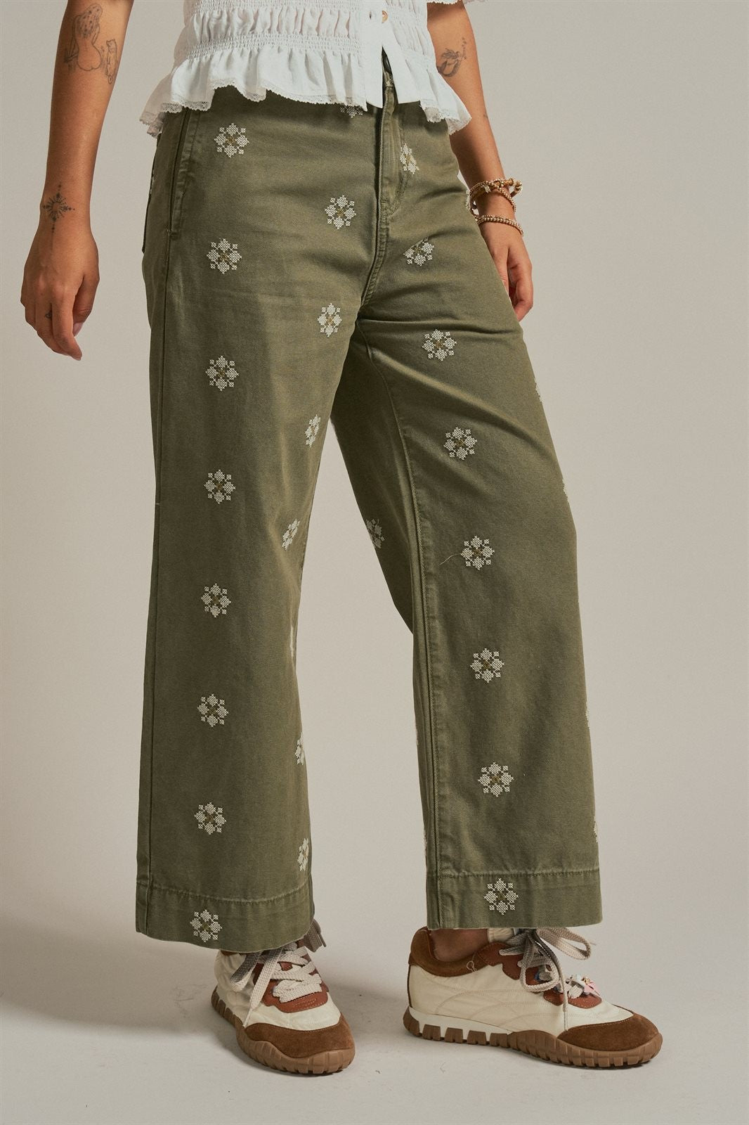 Cross Stitch Embroidered Wide Leg Cotton Pants in Olive - Women's Pants | Urban Daizy