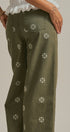 Cross Stitch Embroidered Wide Leg Cotton Pants in Olive - Women's Pants | Urban Daizy