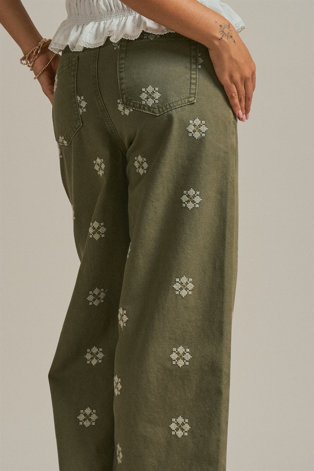 Cross Stitch Embroidered Wide Leg Cotton Pants in Olive - Women's Pants | Urban Daizy