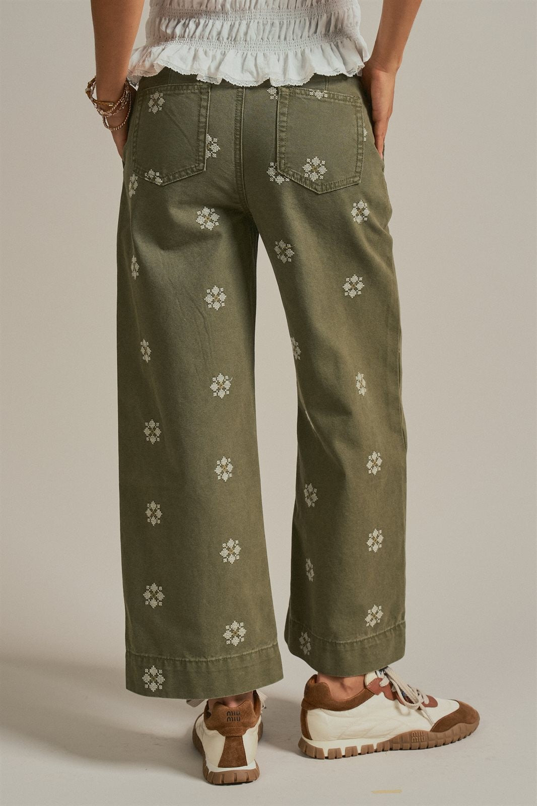 Cross Stitch Embroidered Wide Leg Cotton Pants in Olive - Women's Pants | Urban Daizy