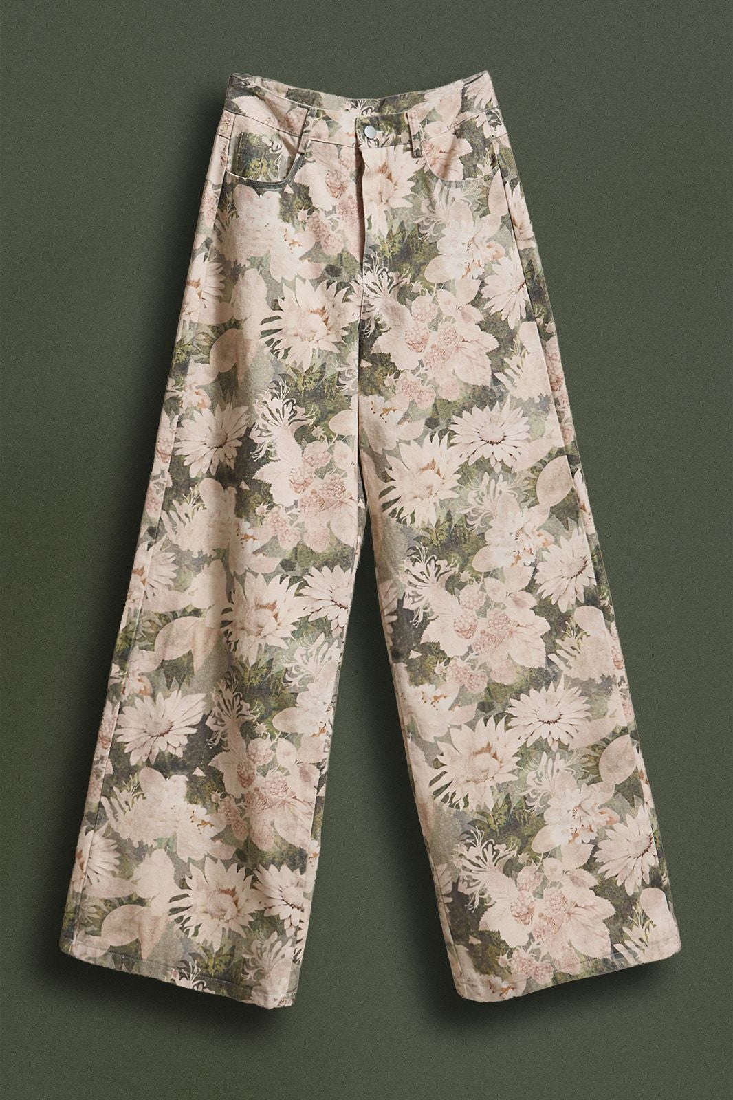 Wide Leg Cotton Pants in Botanical Floral in Pink Green - Women's Pants | Urban Daizy