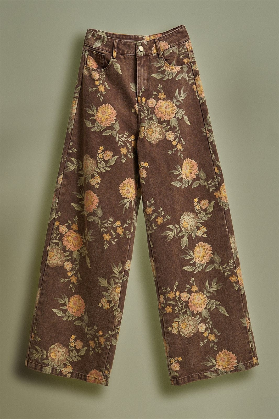 Brown Floral Print Wide-Leg Jeans in Brown - Women's Pants | Urban Daizy