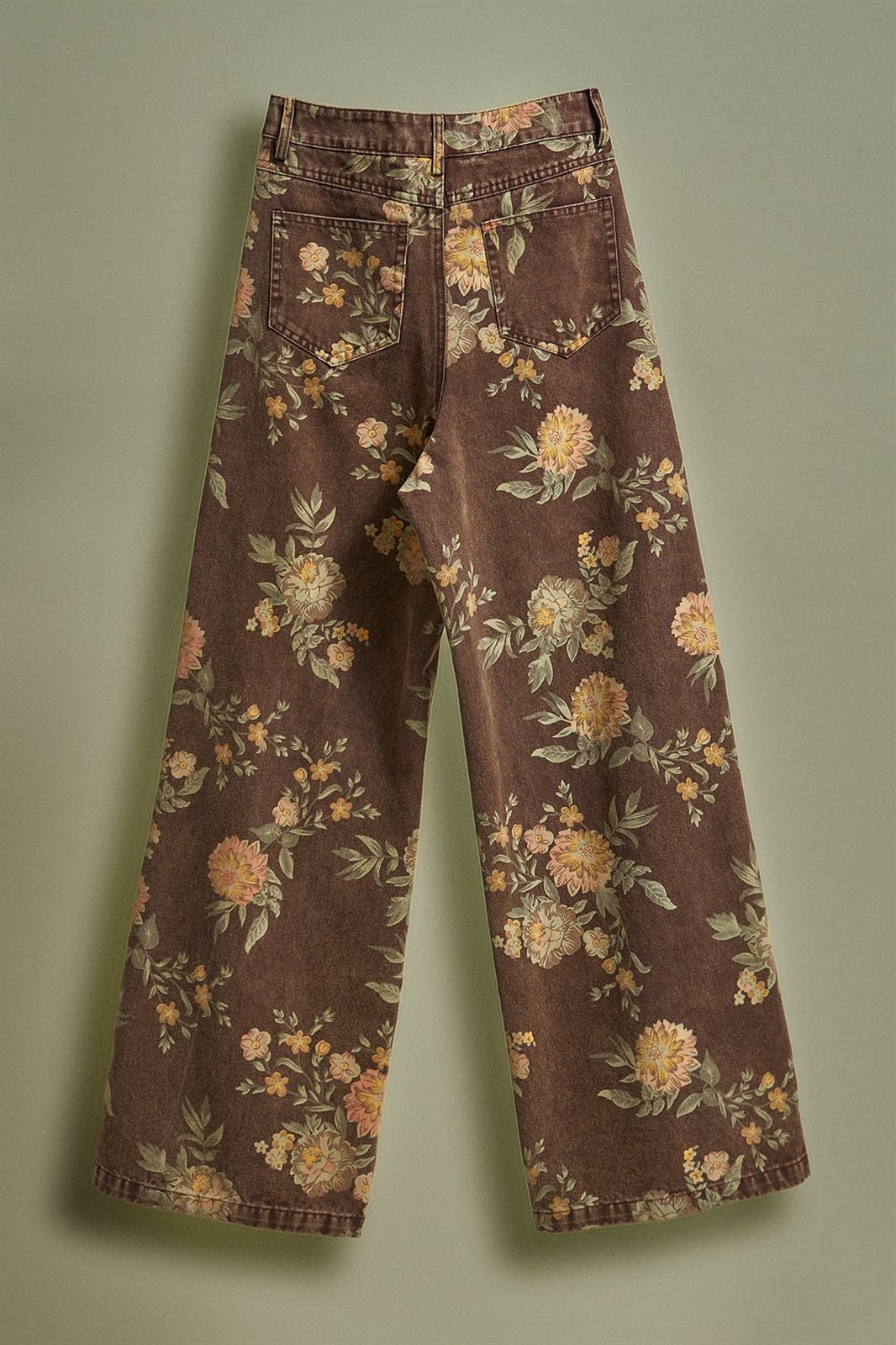 Brown Floral Print Wide-Leg Jeans in Brown - Women's Pants | Urban Daizy