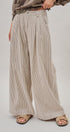 Pleated Pinstripe Wide Leg Cotton Trousers in Cream Beige - Women's Pants | Urban Daizy