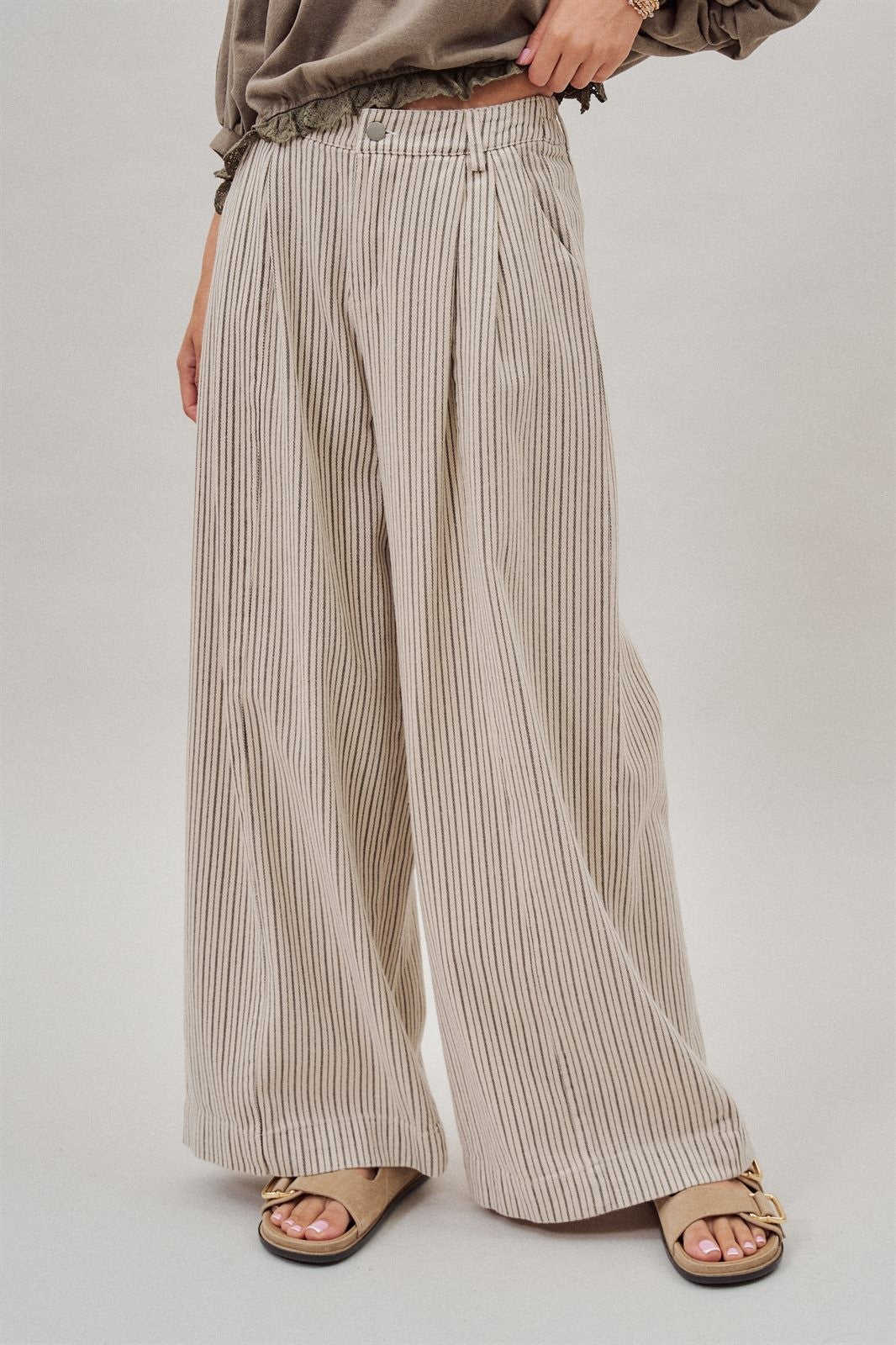 Pleated Pinstripe Wide Leg Cotton Trousers in Cream Beige - Women's Pants | Urban Daizy