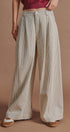 Pleated Pinstripe Wide Leg Cotton Trousers in Cream Beige - Women's Pants | Urban Daizy