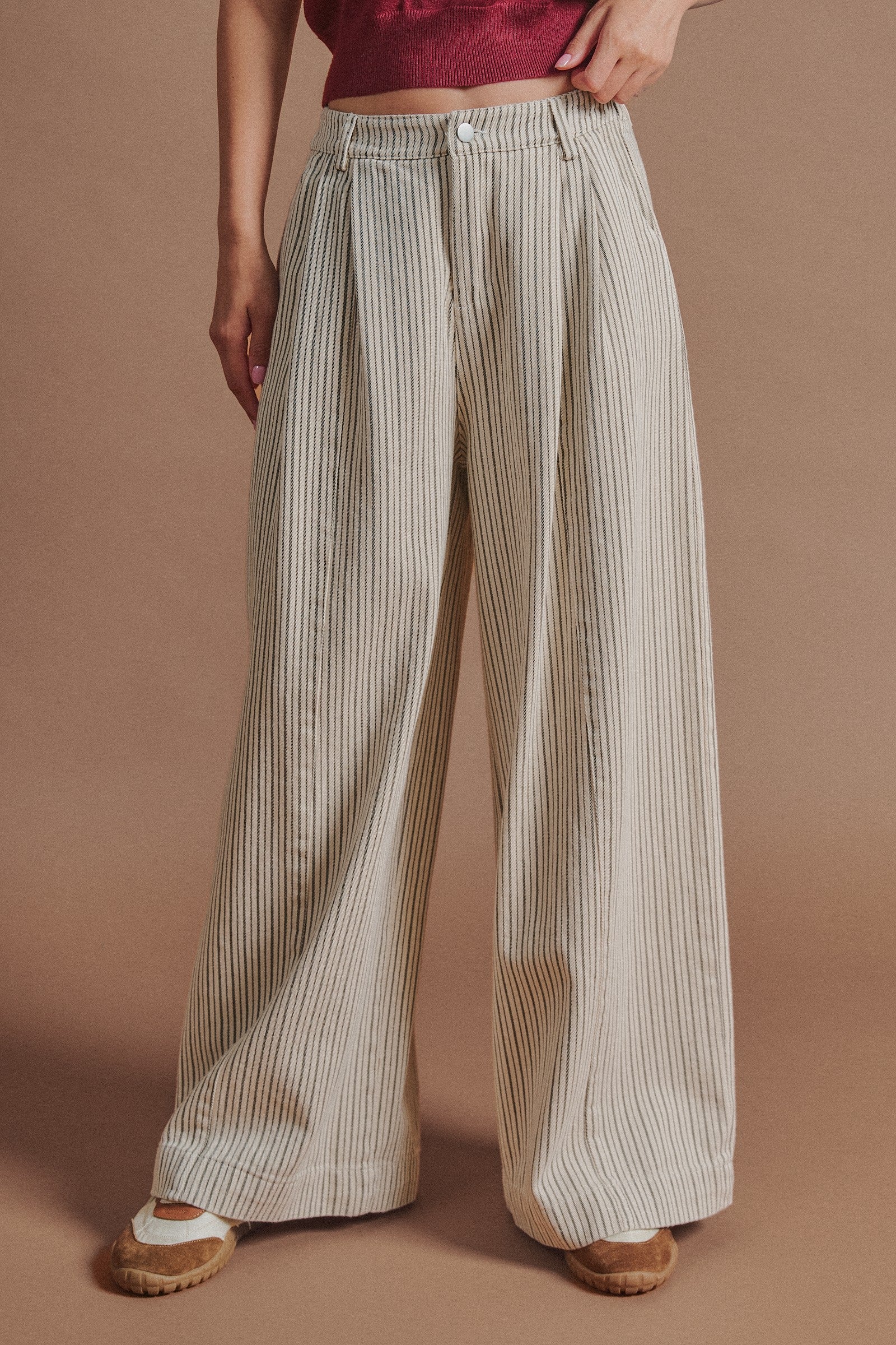Pleated Pinstripe Wide Leg Cotton Trousers in Cream Beige - Women's Pants | Urban Daizy