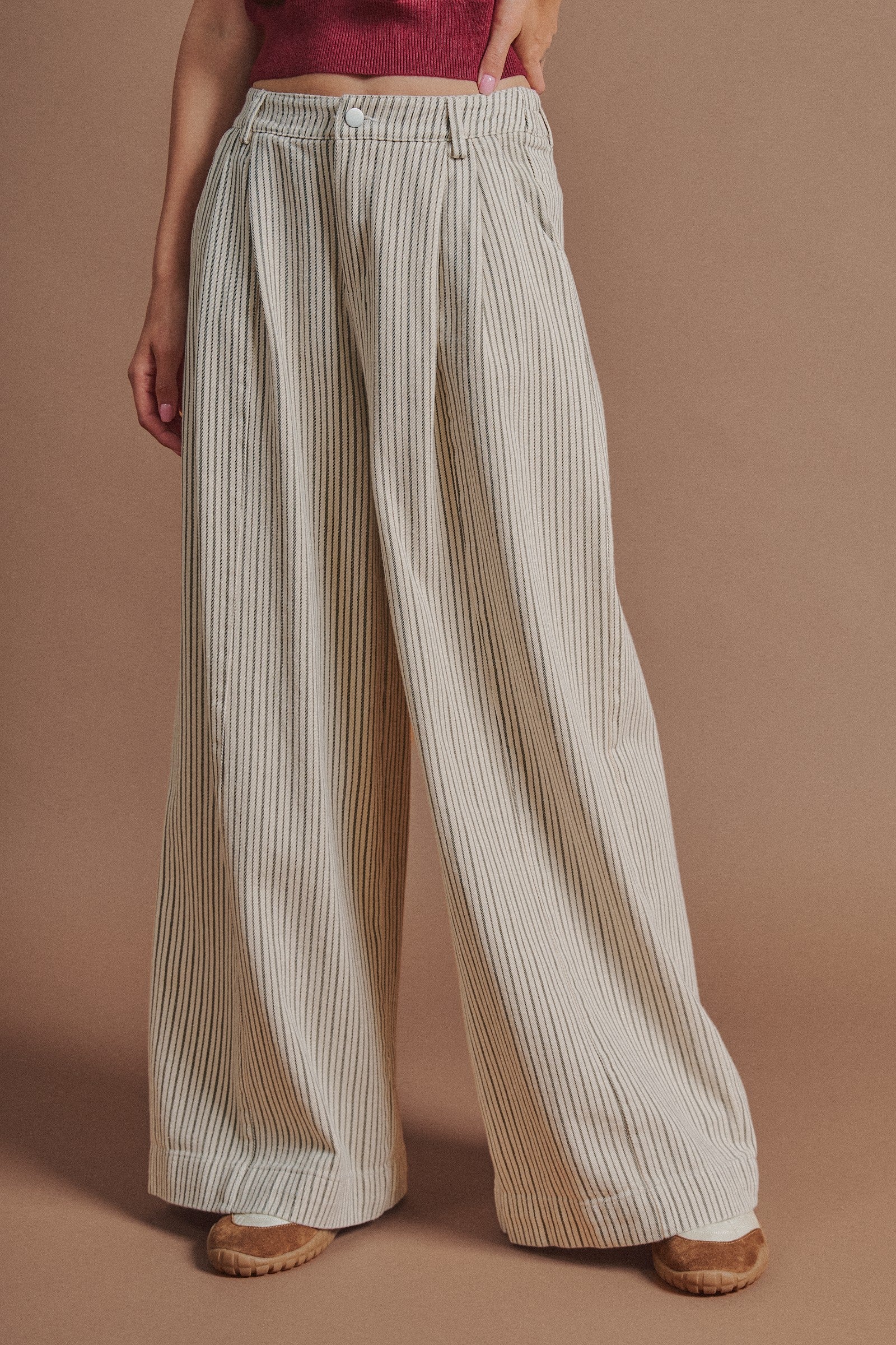 Pleated Pinstripe Wide Leg Cotton Trousers in Cream Beige - Women's Pants | Urban Daizy