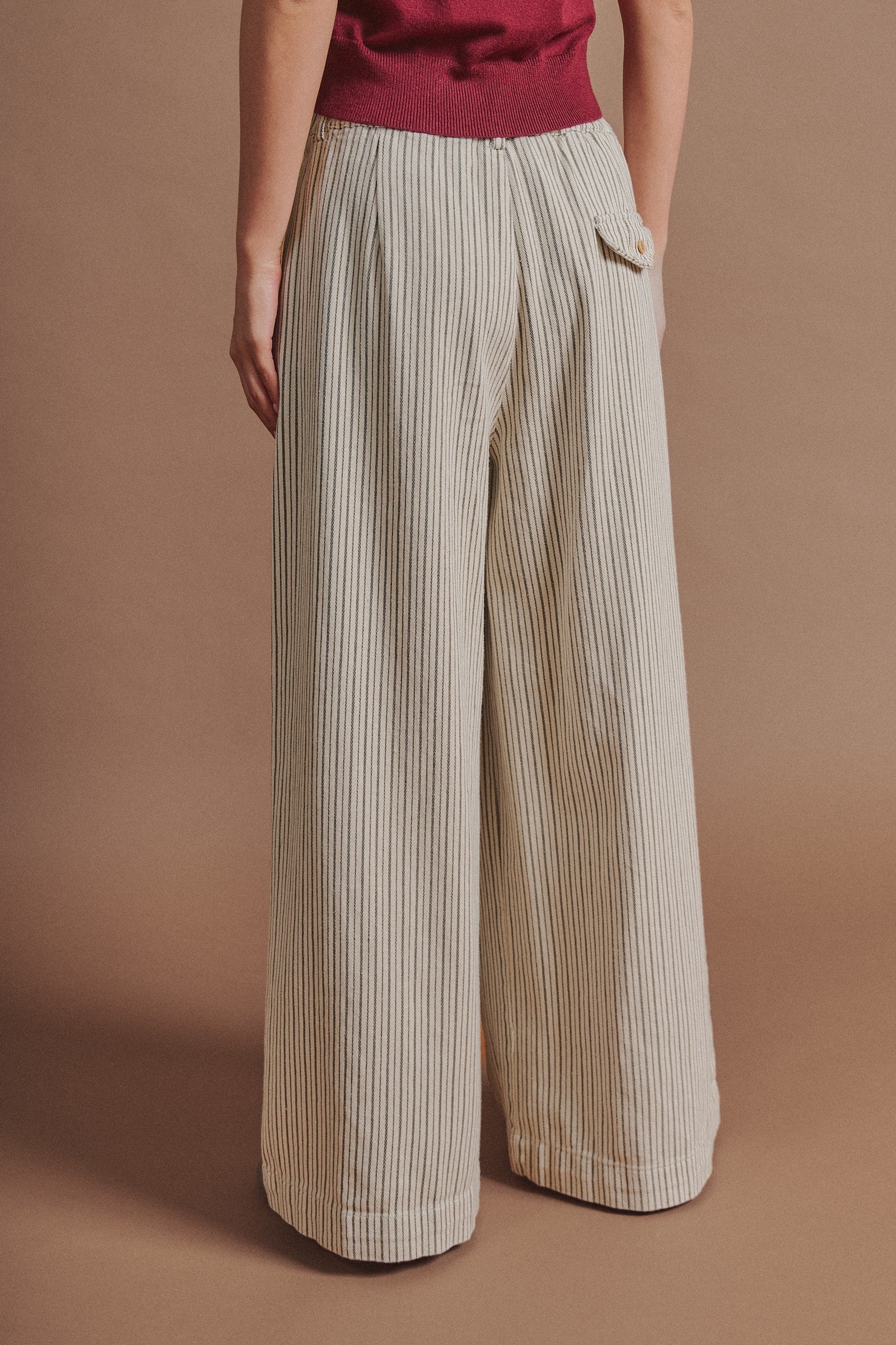 Pleated Pinstripe Wide Leg Cotton Trousers in Cream Beige - Women's Pants | Urban Daizy