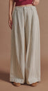 Pleated Pinstripe Wide Leg Cotton Trousers in Cream Beige - Women's Pants | Urban Daizy