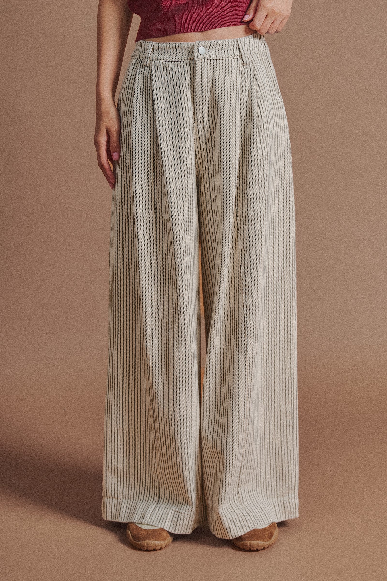 Pleated Pinstripe Wide Leg Cotton Trousers in Cream Beige - Women's Pants | Urban Daizy
